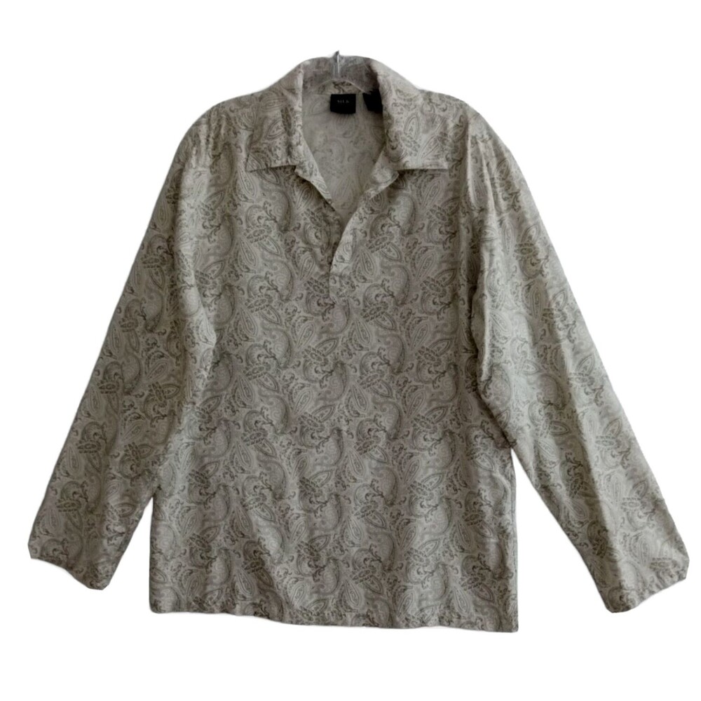 SILK ICON  Silk Tunic Top Blouse Medium White Green Paisley Print Long Sleeves